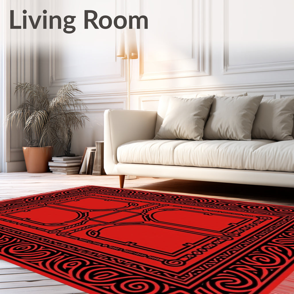 Bold Red Intricate Scroll Pattern Rug
