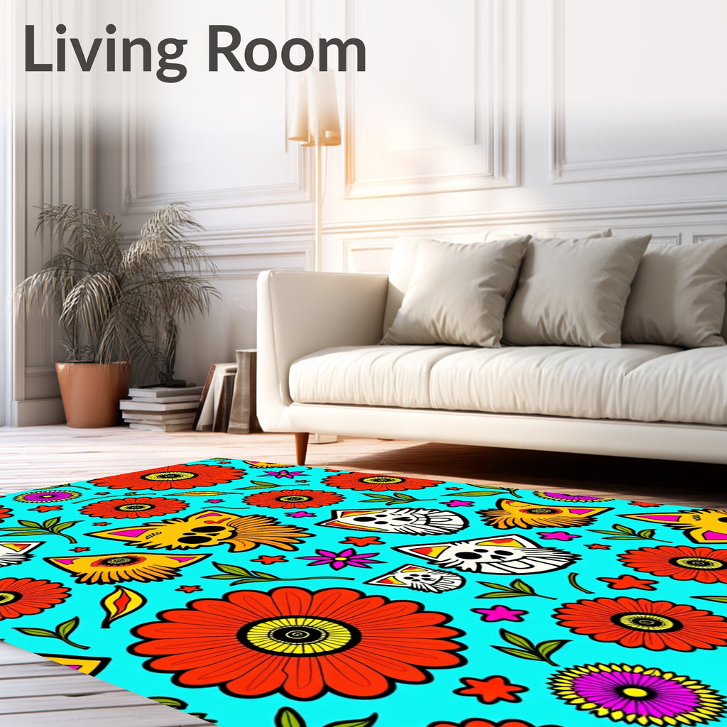 Vibrant Floral Cat Skulls Design Rug