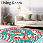 Ornate Teal Red Floral Medallion Rug