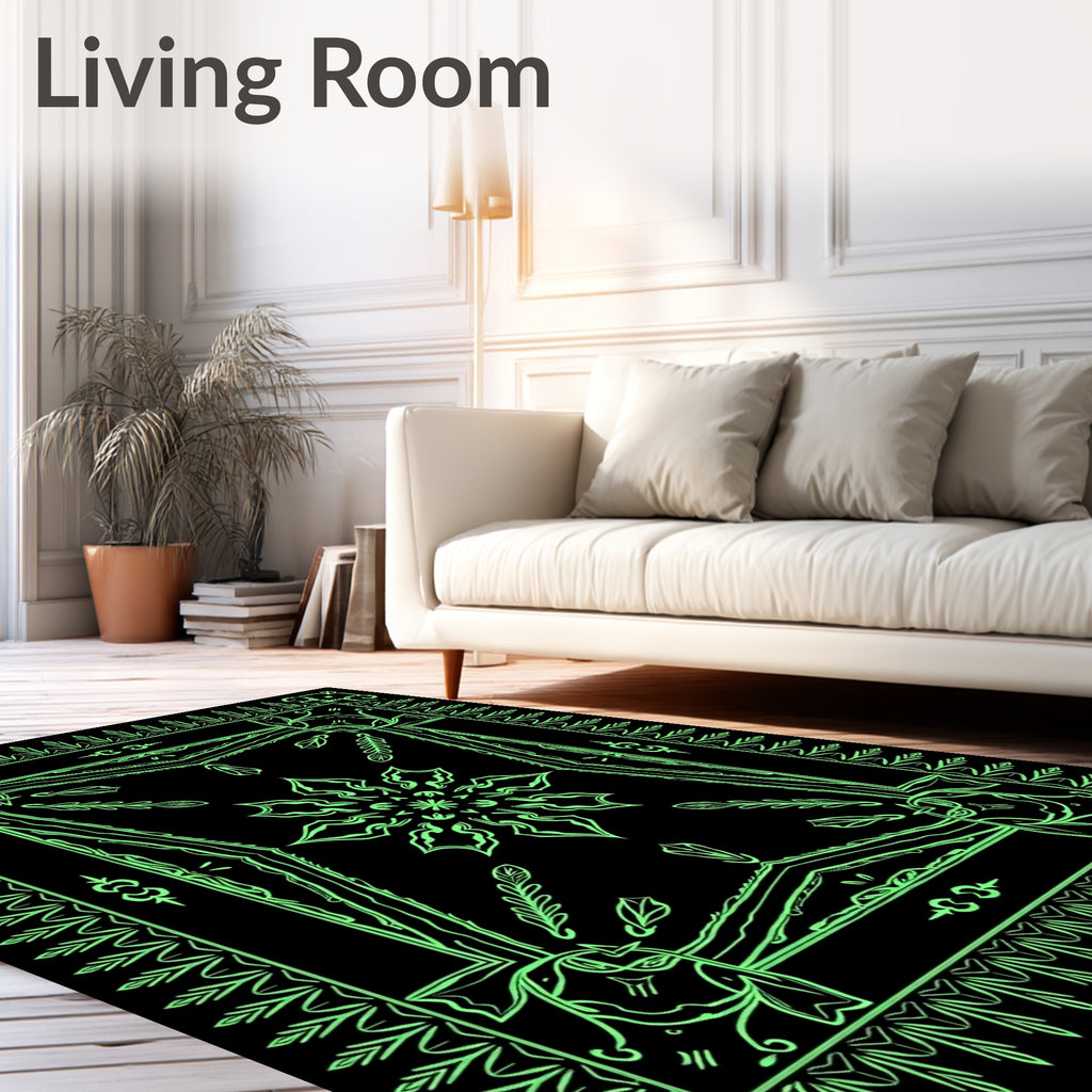Neon Green Ornamental Floral Border Rug