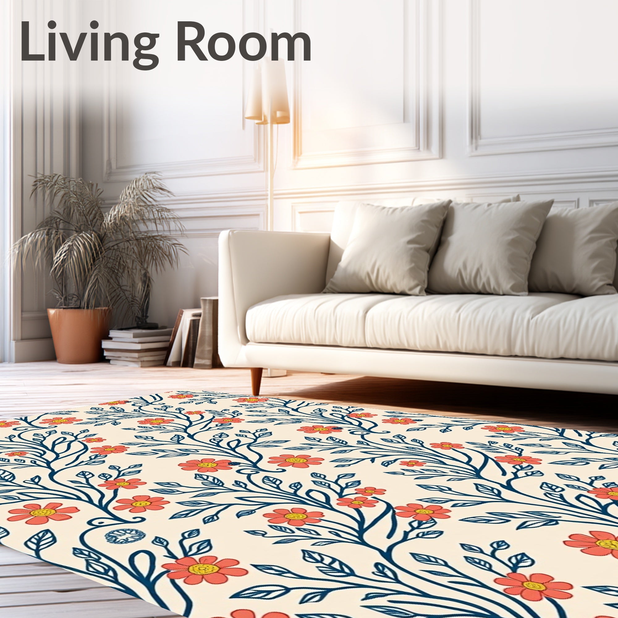 Coral Flower Leaf Vine Design Rug