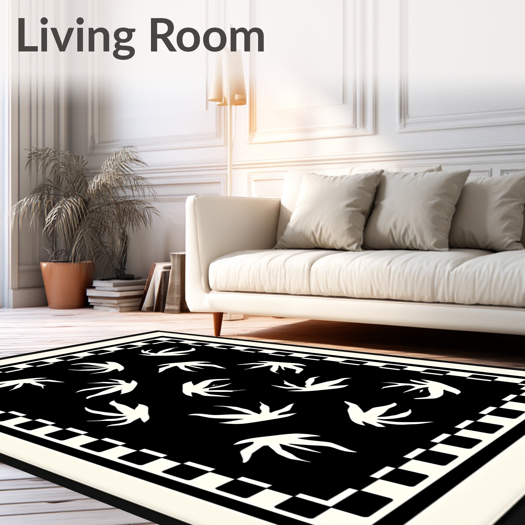 Abstract Floral Pattern Black White Rug