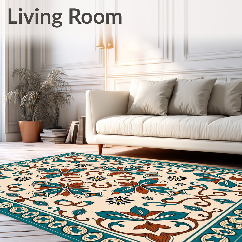 Classic Floral Medallion Ivory Teal Rug