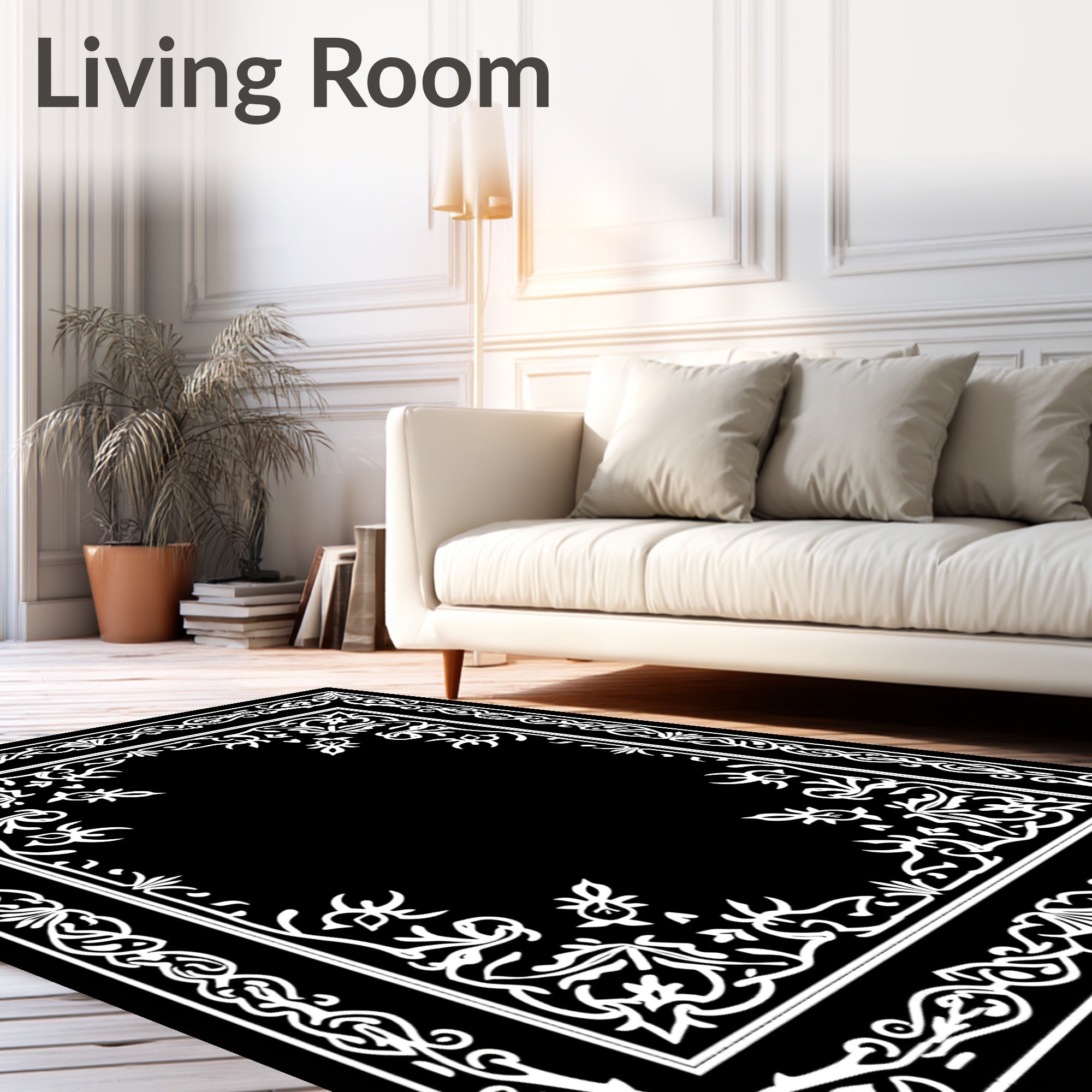 Ornate White Floral Border Rug