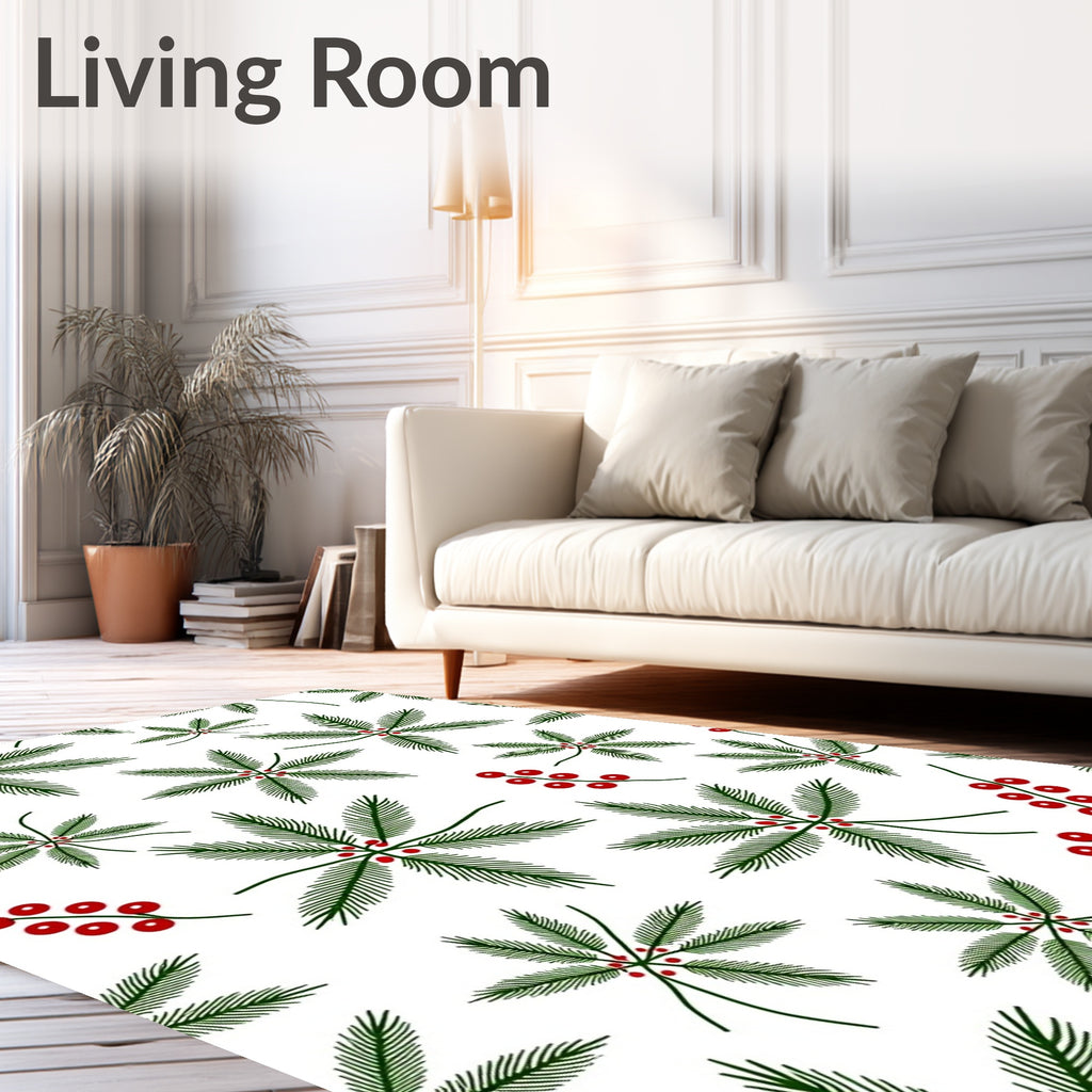 Green Pine Sprigs Red Berries Rug