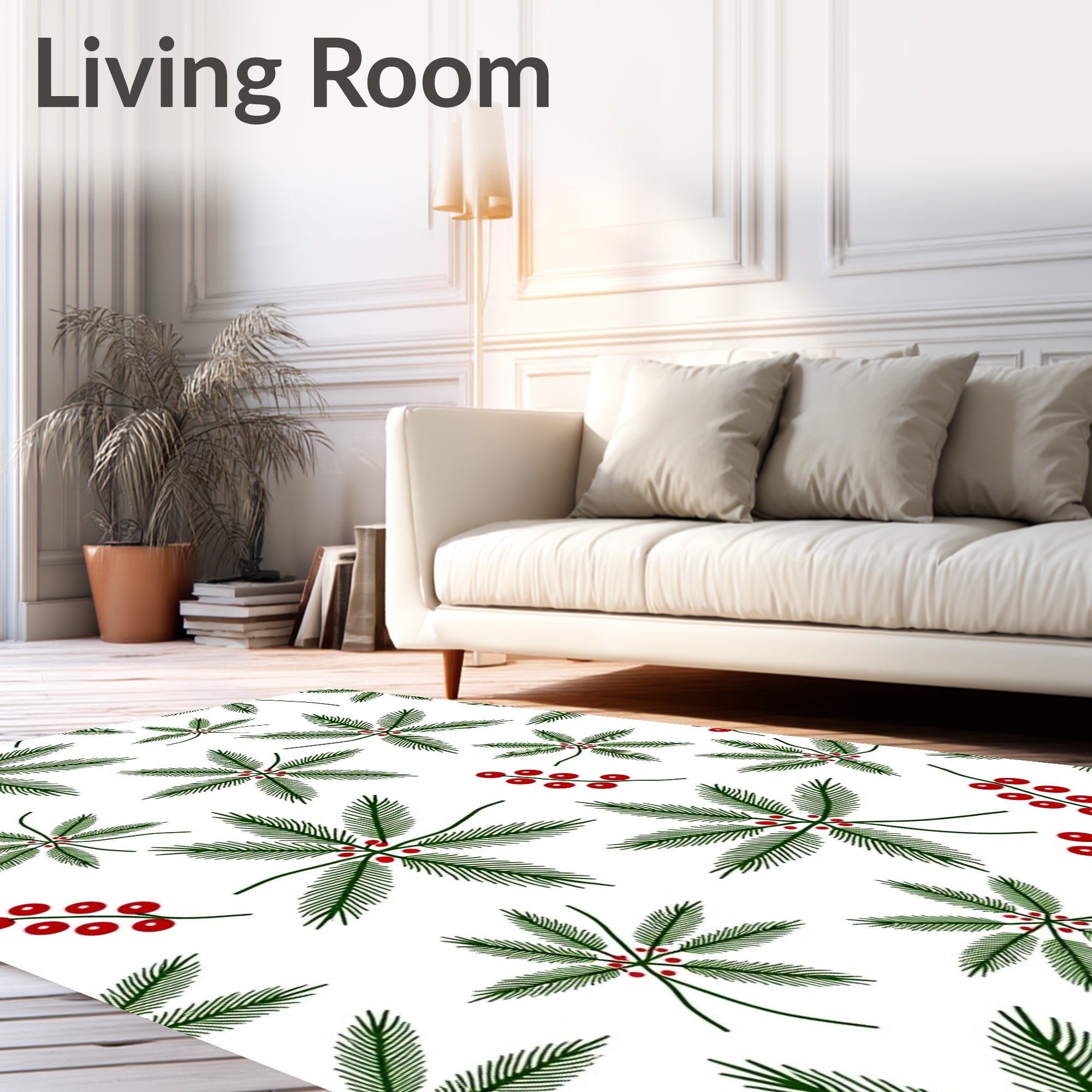 Green Pine Sprigs Red Berries Rug