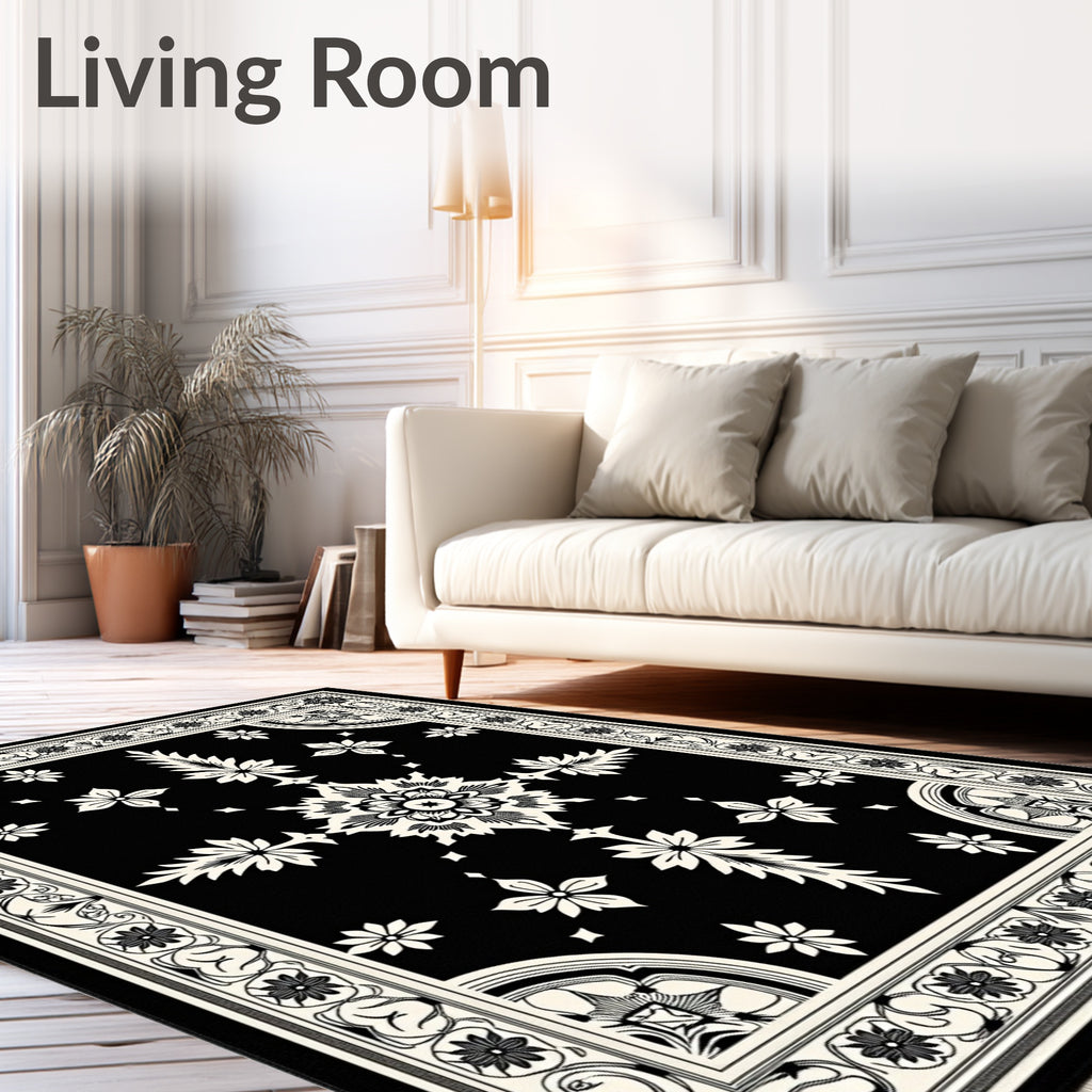 Ornate Black White Blossom Scroll Rug
