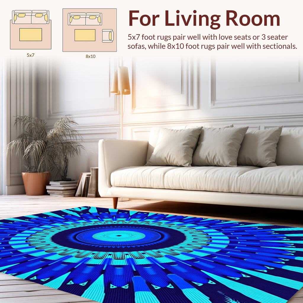 Radiating Blue Geometric Mandala Rug