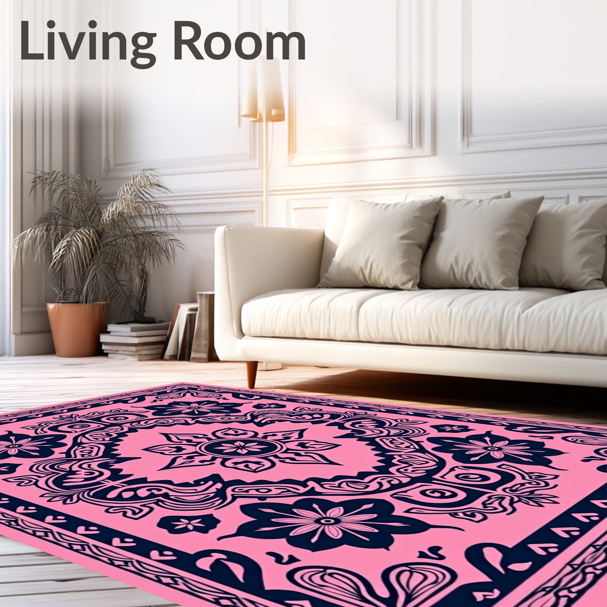 Pink Navy Floral Mandala Pattern Rug