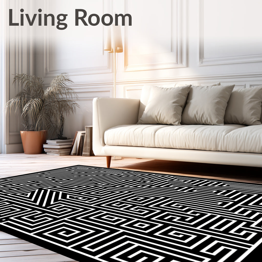 Sharp Black White Geometric Maze Rug