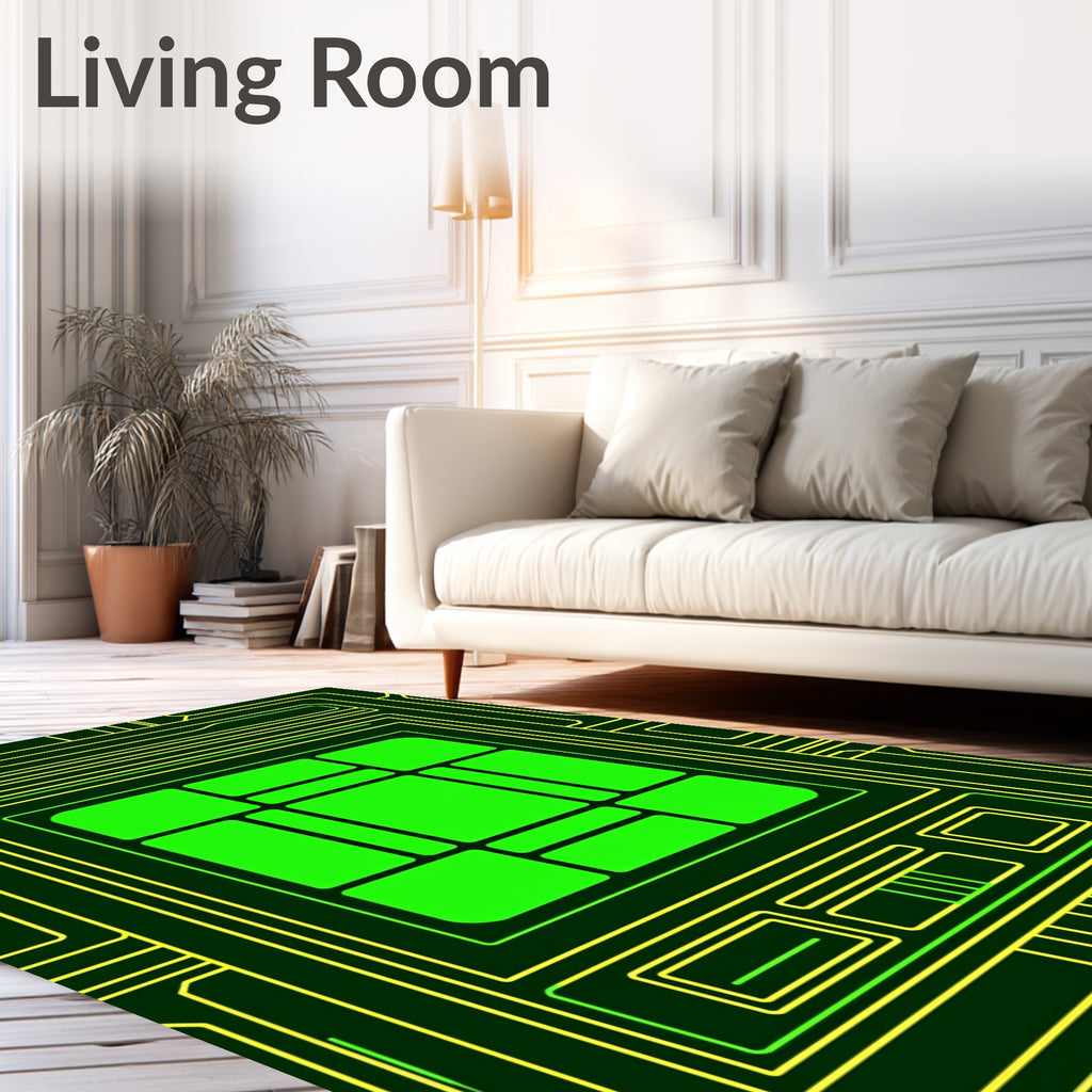 Neon Green Circuit Board Geometric Design Rug