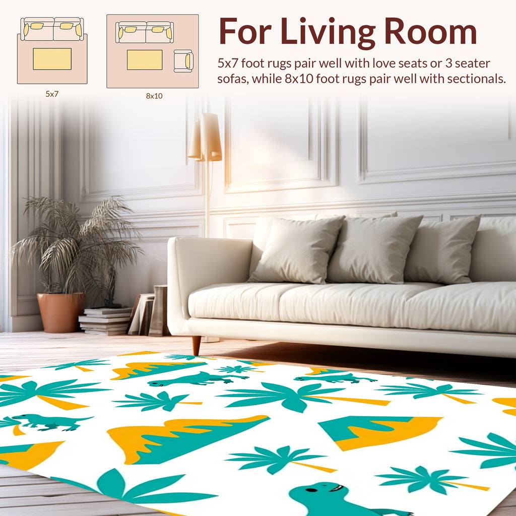 Whimsical Dinosaur Palm Tree Volcano Pattern Rug