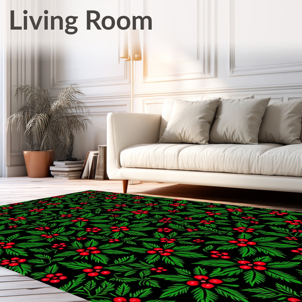 Festive Red Holly Berry Green Leaves Rug