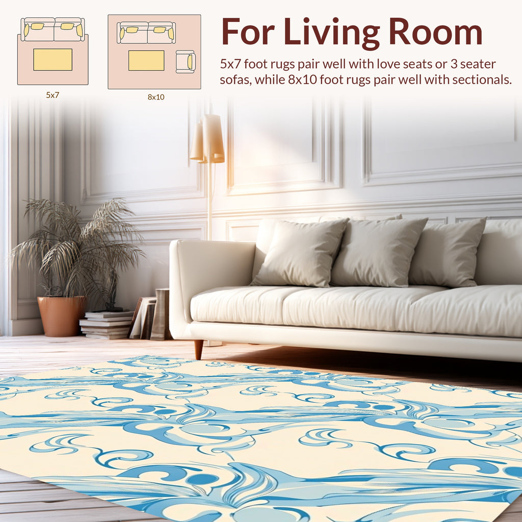 Flowing Blue Cream Floral Pattern Rug