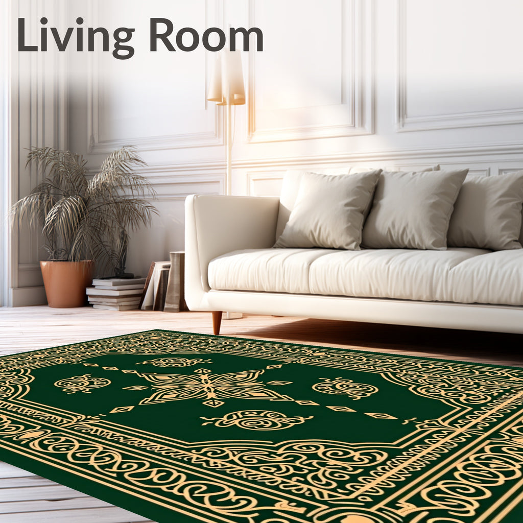 Ornate Emerald Golden Floral Embrace Rug