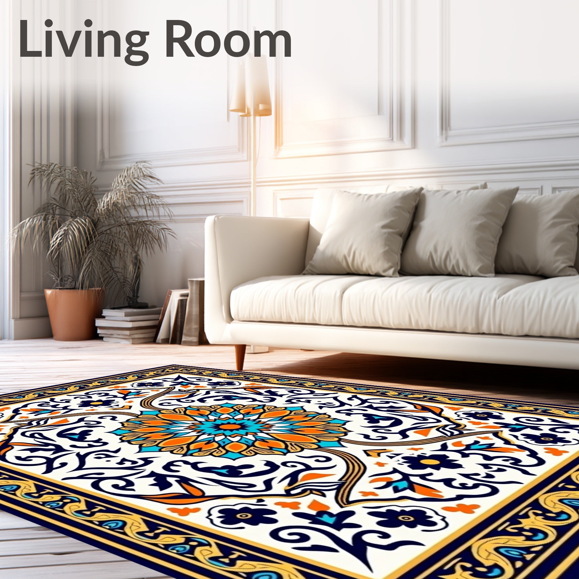 Vibrant Orange Blue Floral Mandala Rug