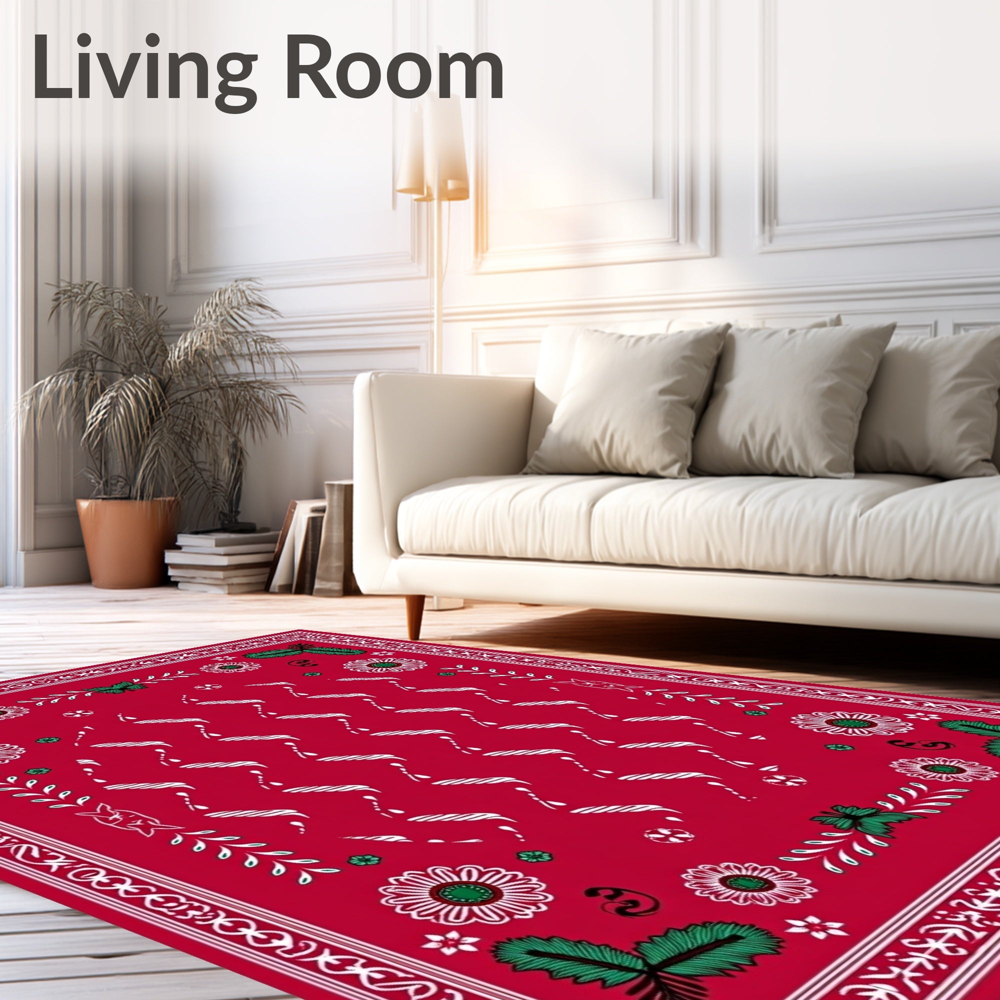 Red Festive Bordered Flower Design Rug
