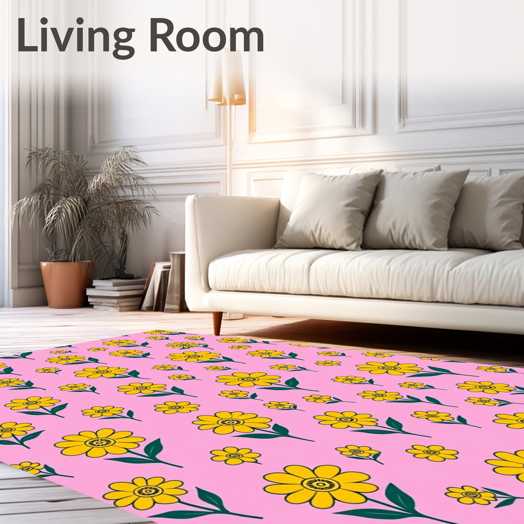 Yellow Daisy Patterned Pink Background Rug