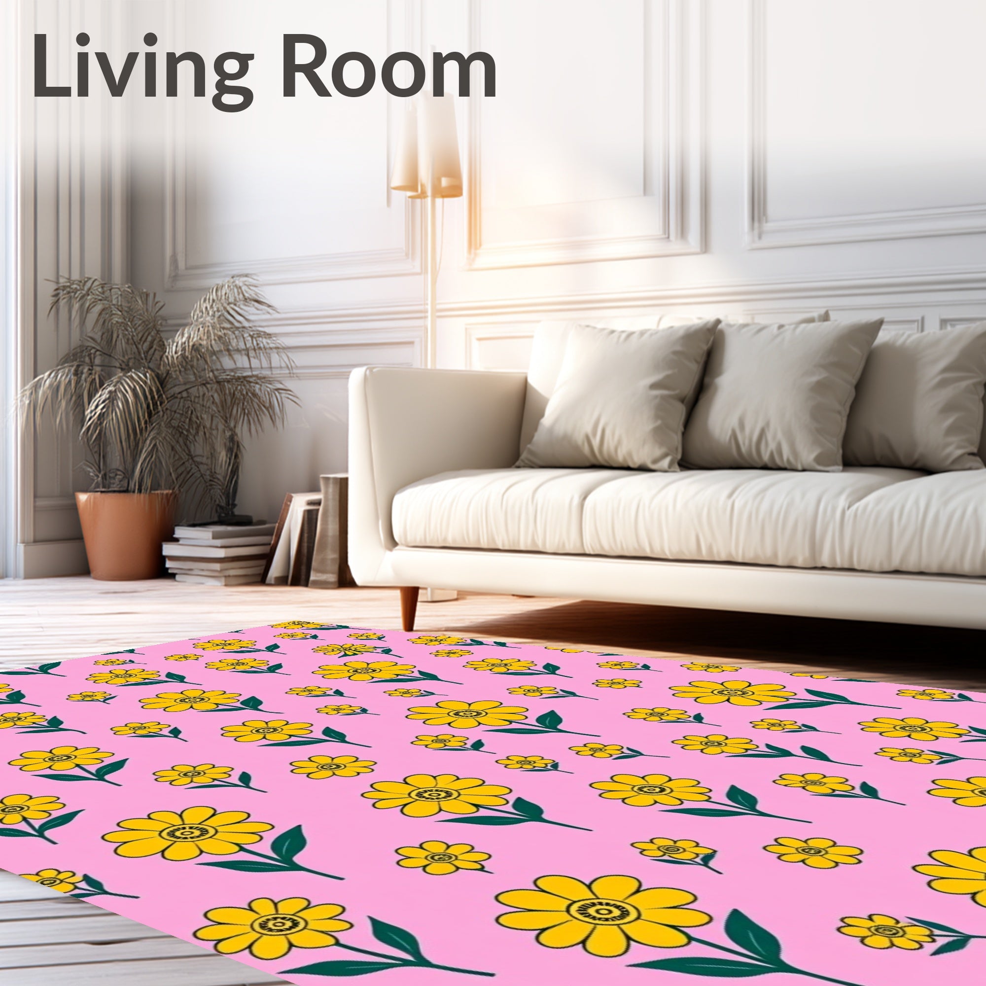 Yellow Daisy Patterned Pink Background Rug