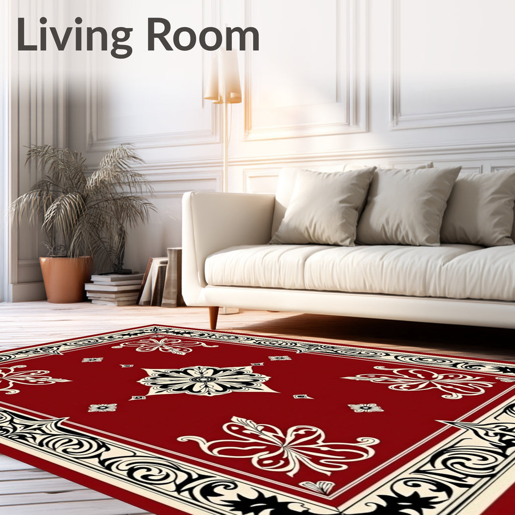 Rich Red Floral Scroll Border Design Rug