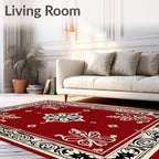 Rich Red Floral Scroll Border Design Rug