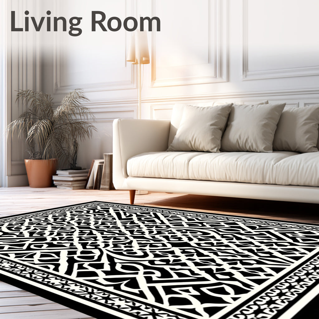 Intricate Black White Geometric Design Rug