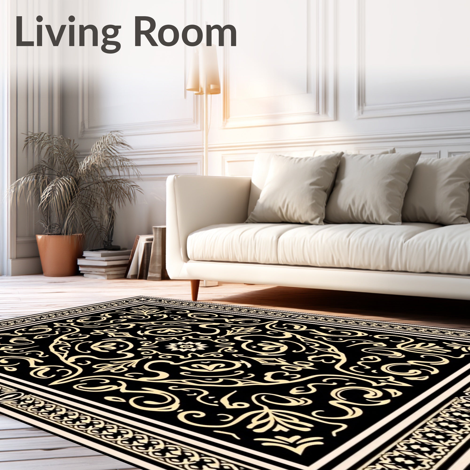 Ornate Black Gold Scrollwork Pattern Rug