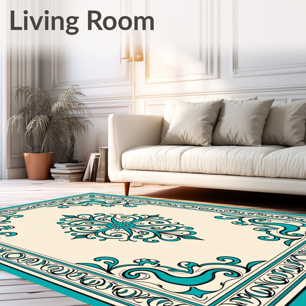 Ornate Teal Cream Scroll Rug