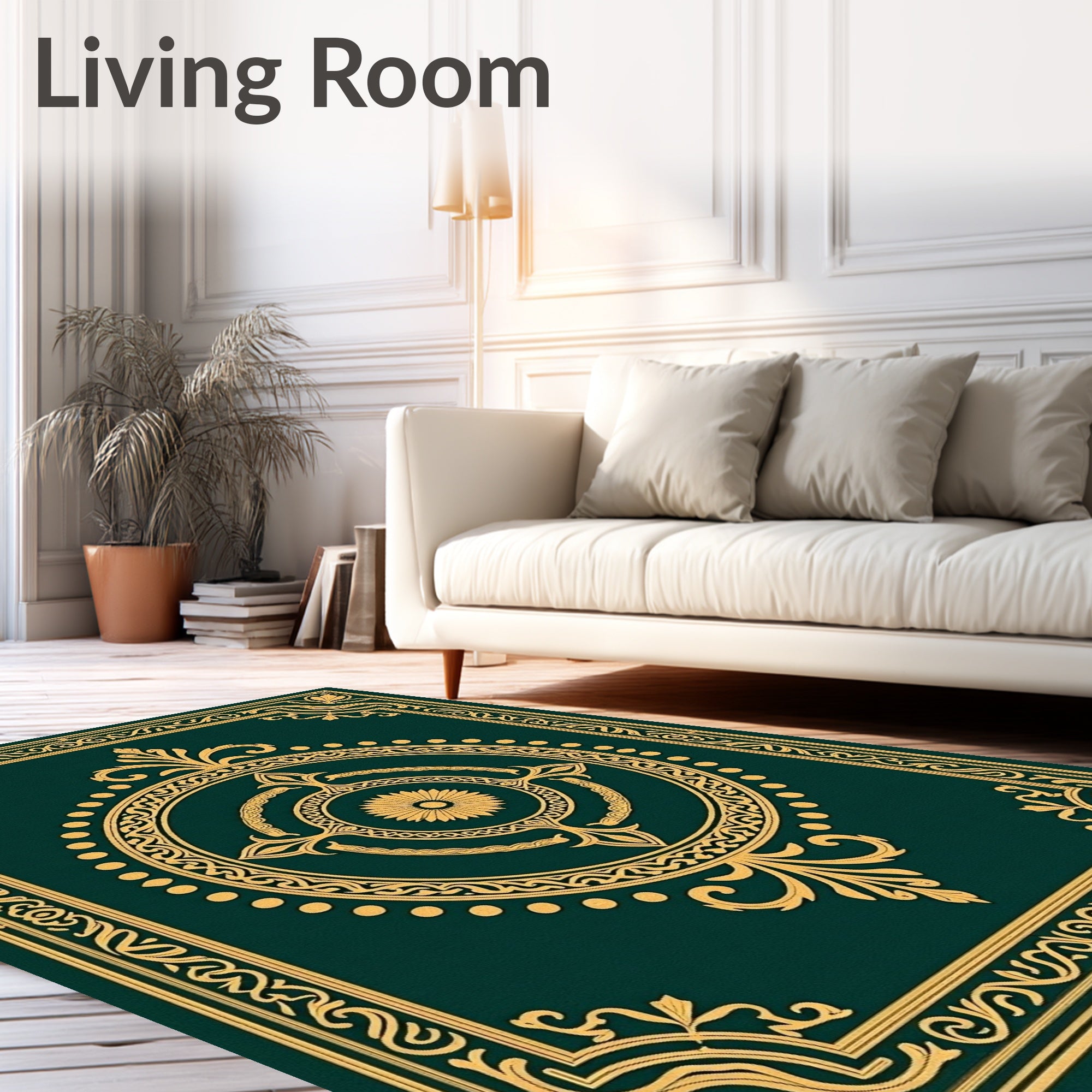 Ornate Gold Floral Green Patterned Rug