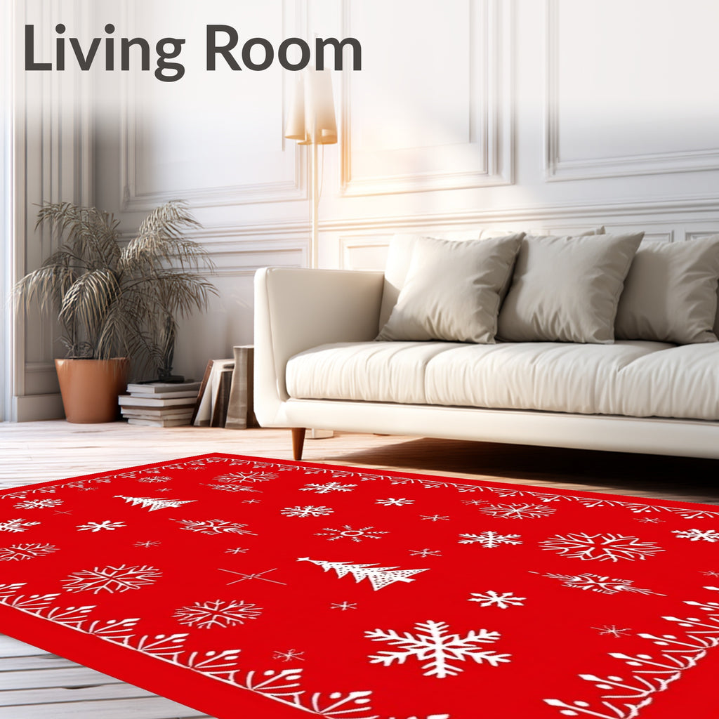 Classic Red Snowflakes Tree Pattern Rug