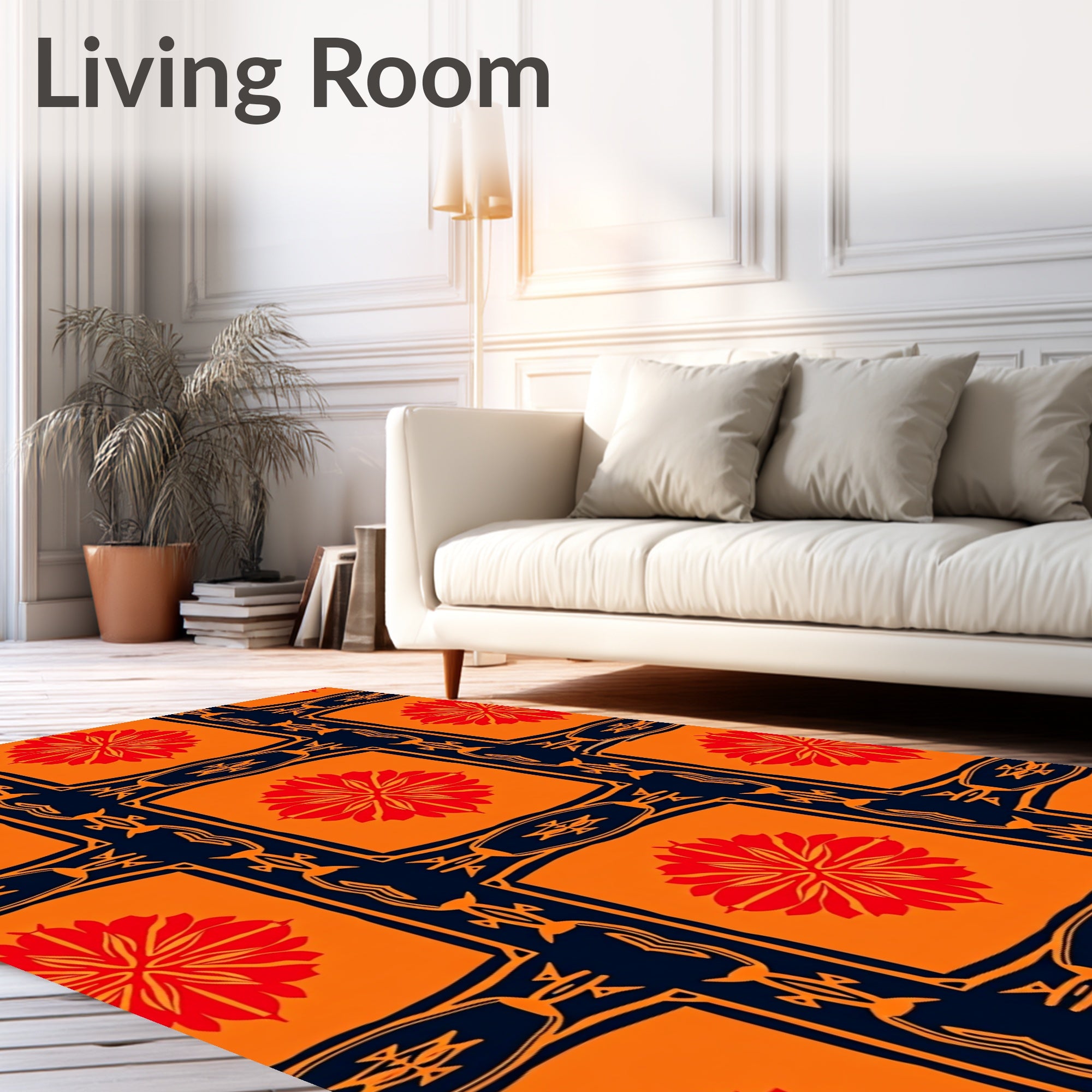 Bold Orange Red Floral Pattern Rug