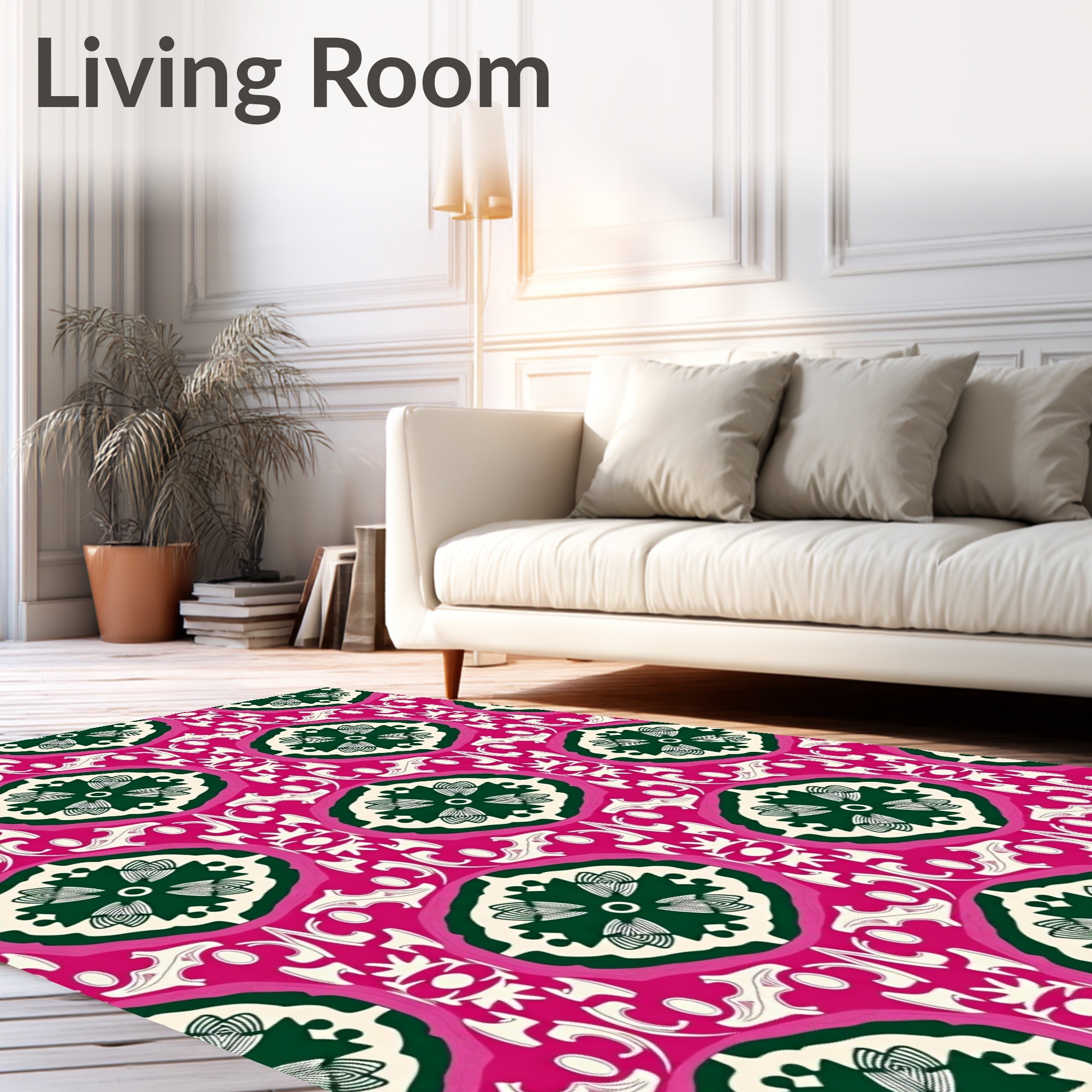 Bold Pink Green Floral Medallion Pattern Rug