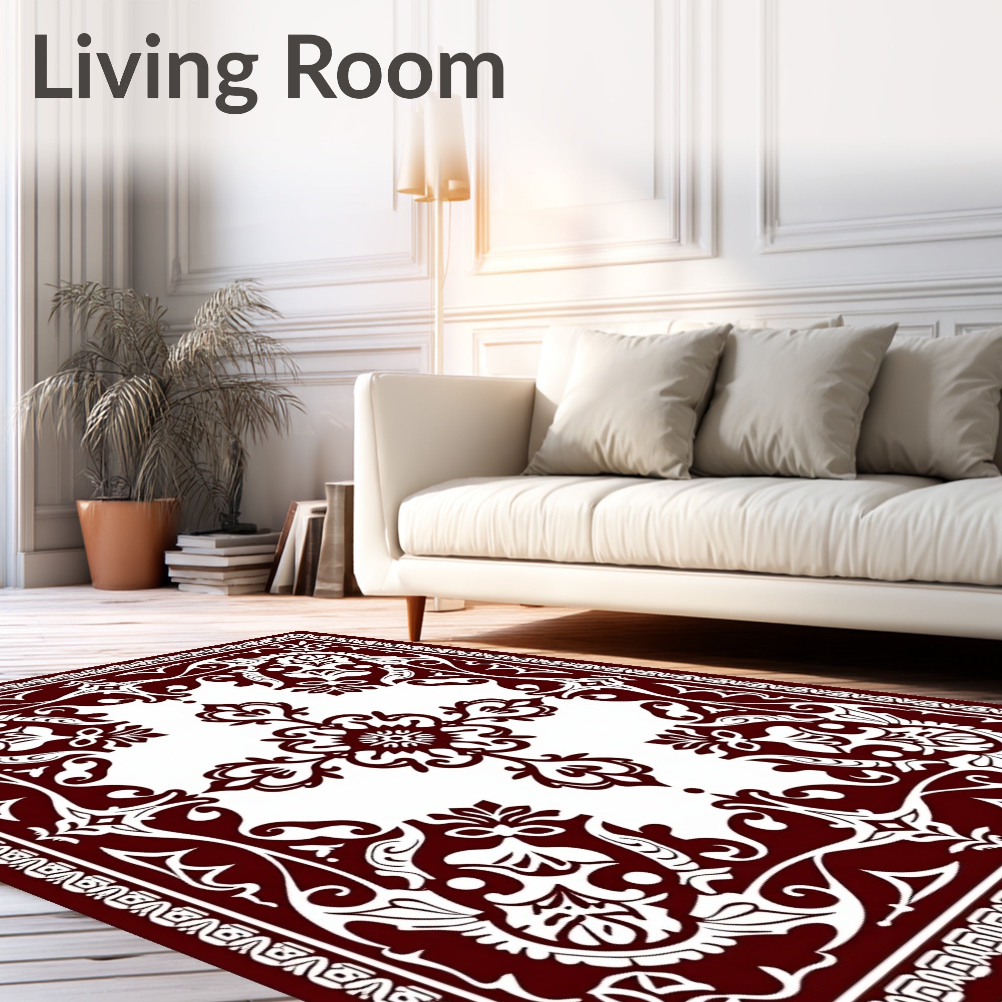 Intricate Floral Scrollwork Red and White Rug