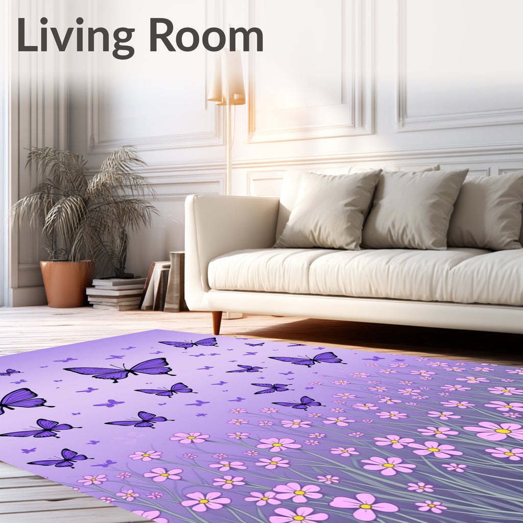Purple Butterfly Flower Field Pattern Rug
