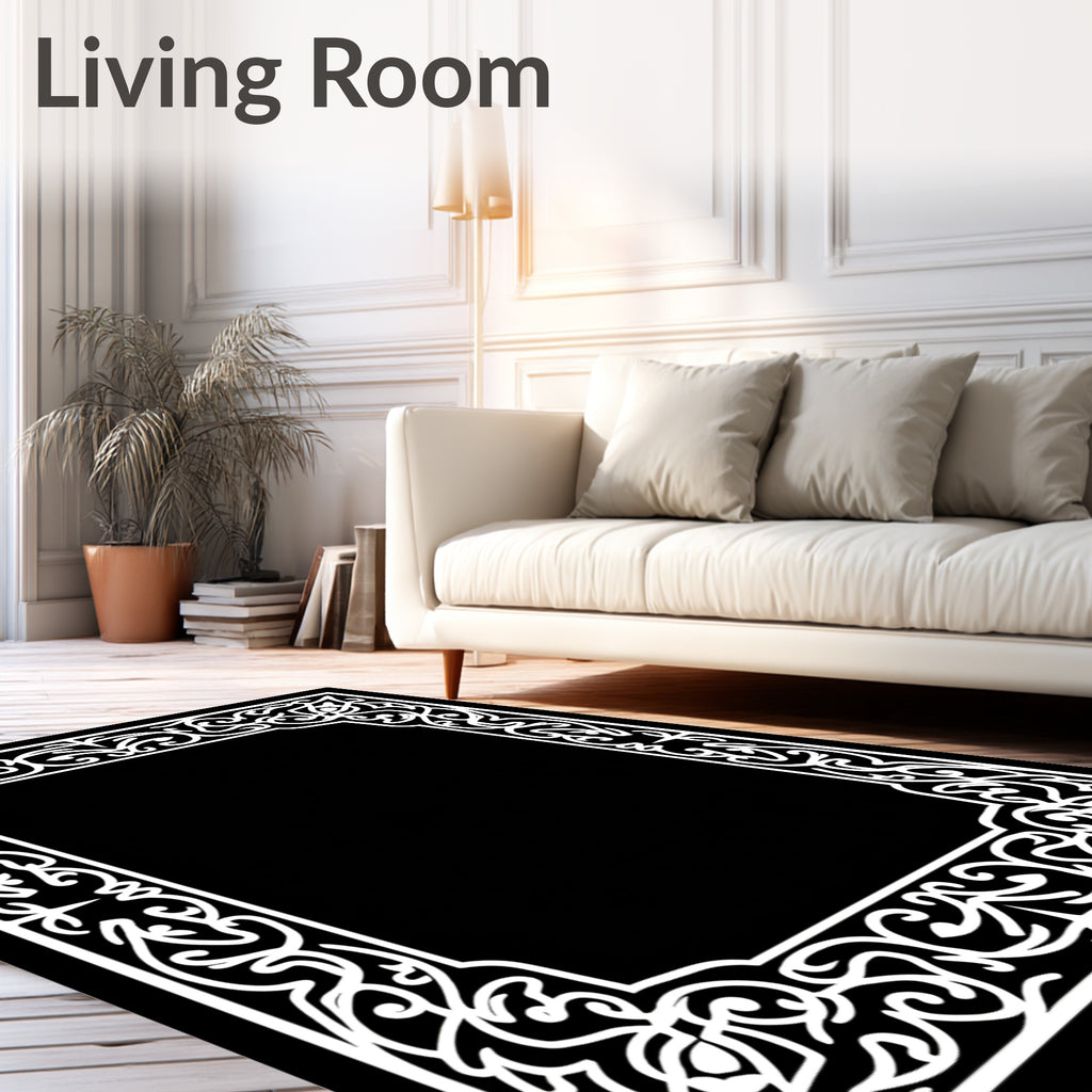 Intricate White Scroll Border Design Rug