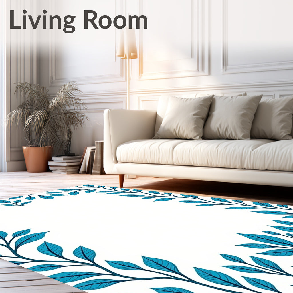 Coastal Teal Leaf Branch Pattern Rug