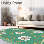 White Floral Vines On Teal Background Rug