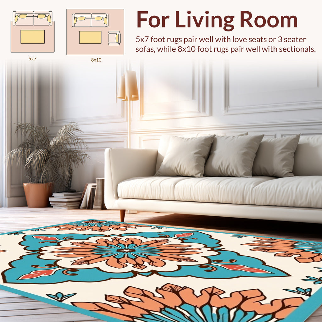 Retro Teal Orange Floral Mandala Rug