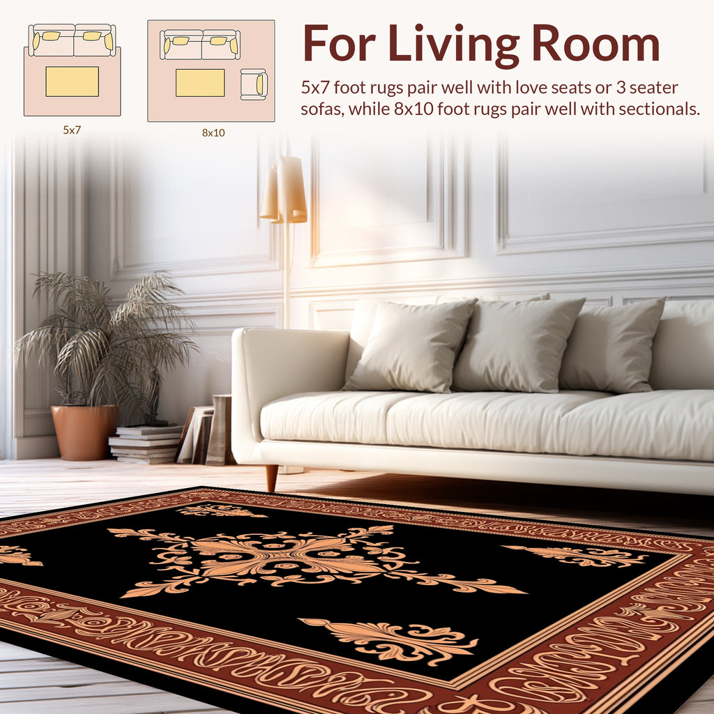 Ornate Black Tan Damask Pattern Rug