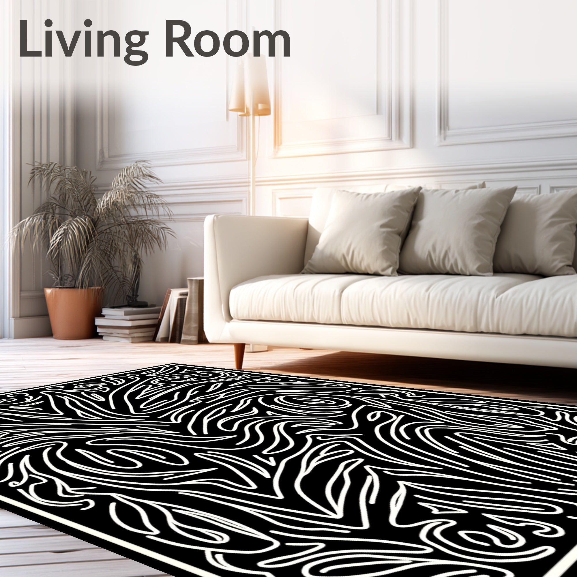 Abstract White Swirl Black Organic Rug