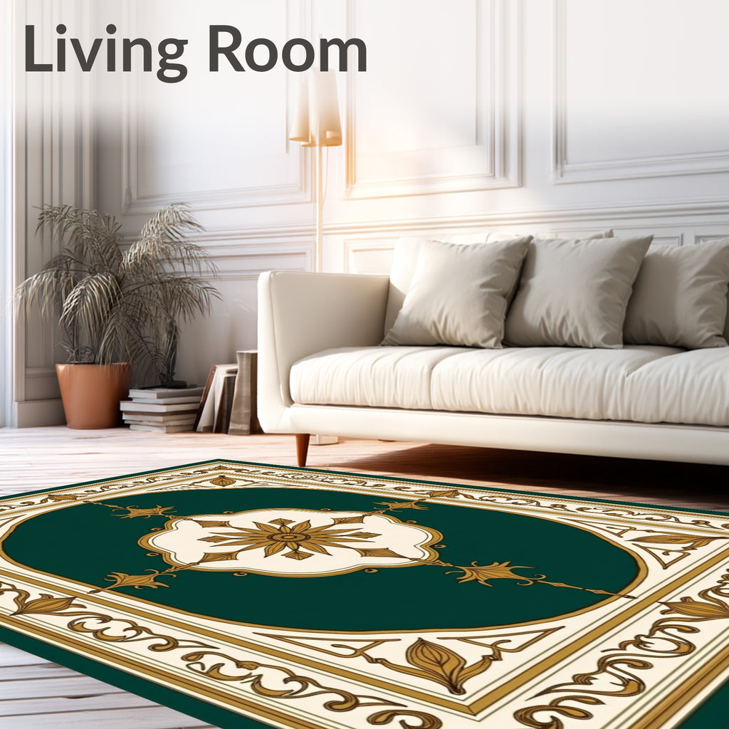 Ornate Teal and Gold Medallion Scroll Rug
