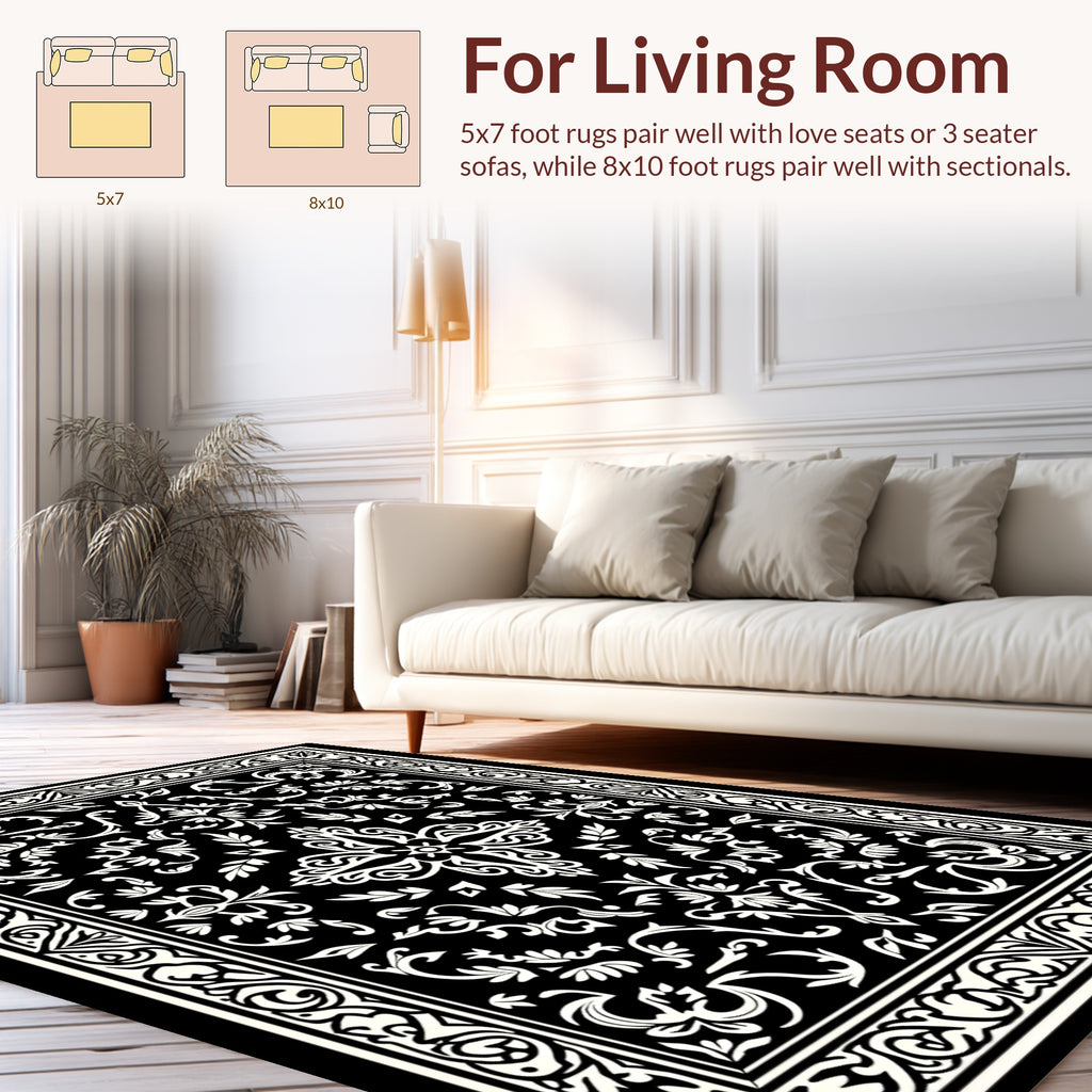 Ornate Black White Floral Pattern Rug