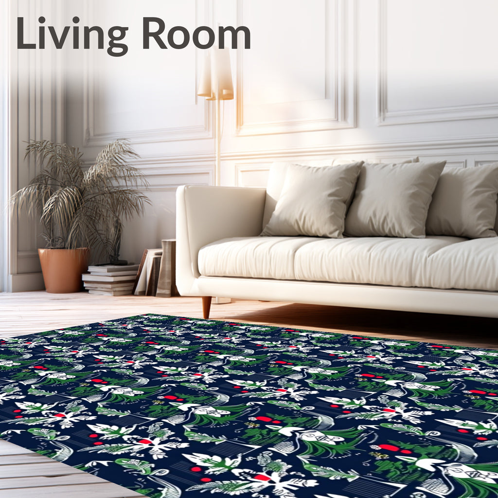 Dark Blue Floral Whimsical Pattern Rug