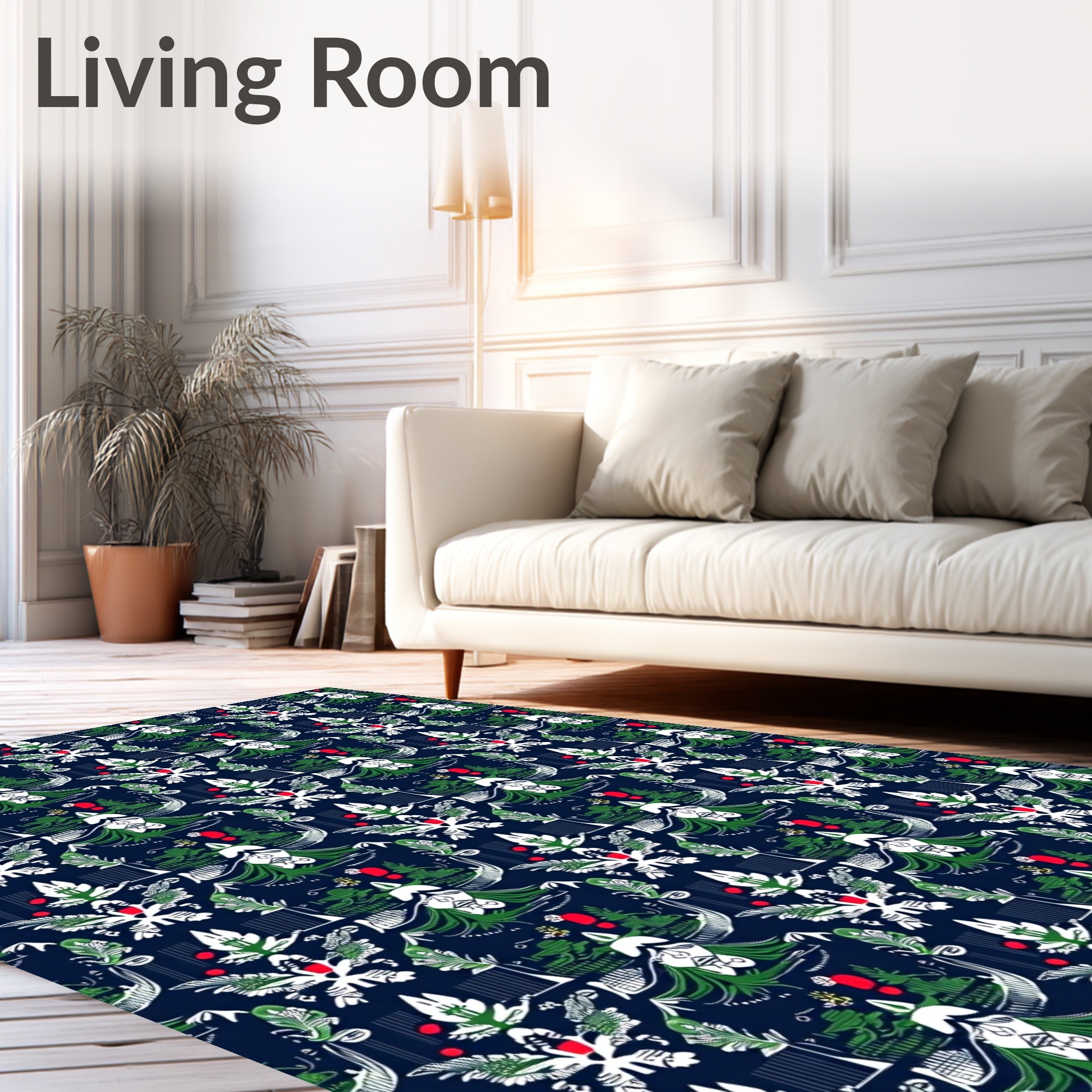 Dark Blue Floral Whimsical Pattern Rug