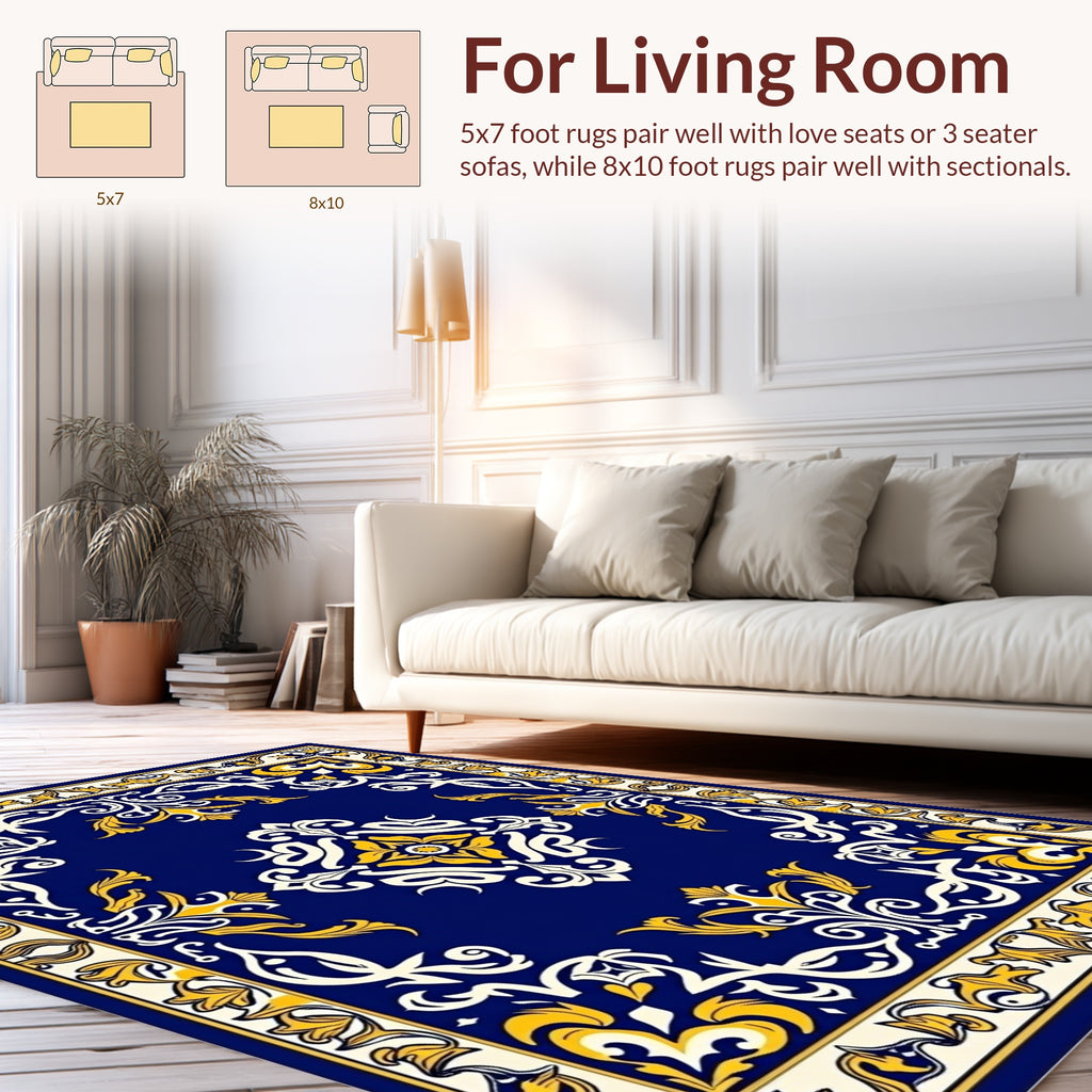 Vibrant Navy Floral Medallion Frame Rug