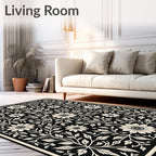 Black Floral Botanical Pattern Design Rug