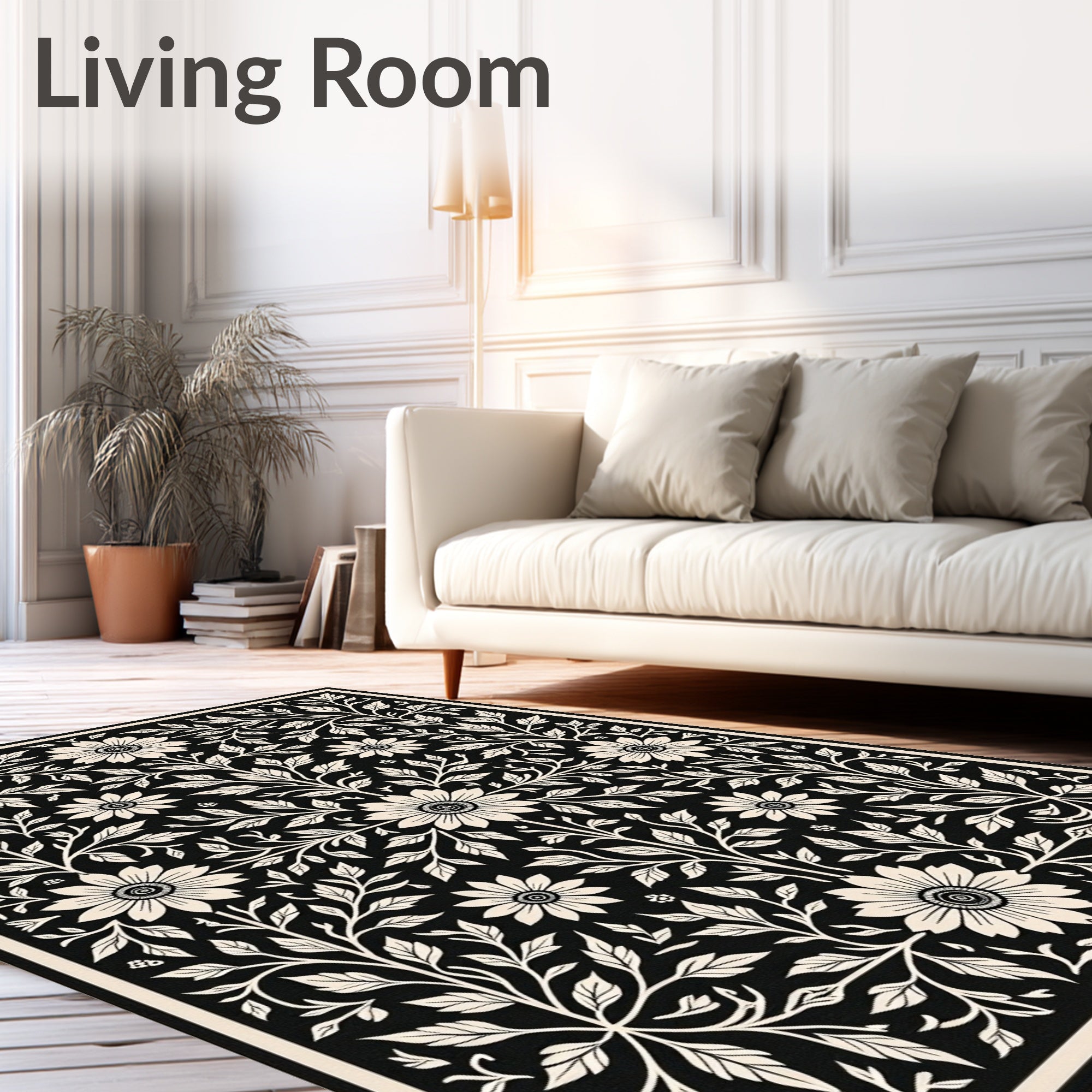 Black Floral Botanical Pattern Design Rug