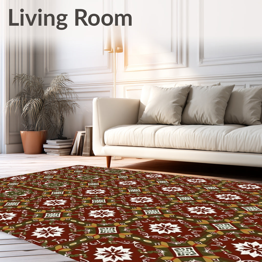 Rich Red Ochre Geometric Floral Pattern Rug