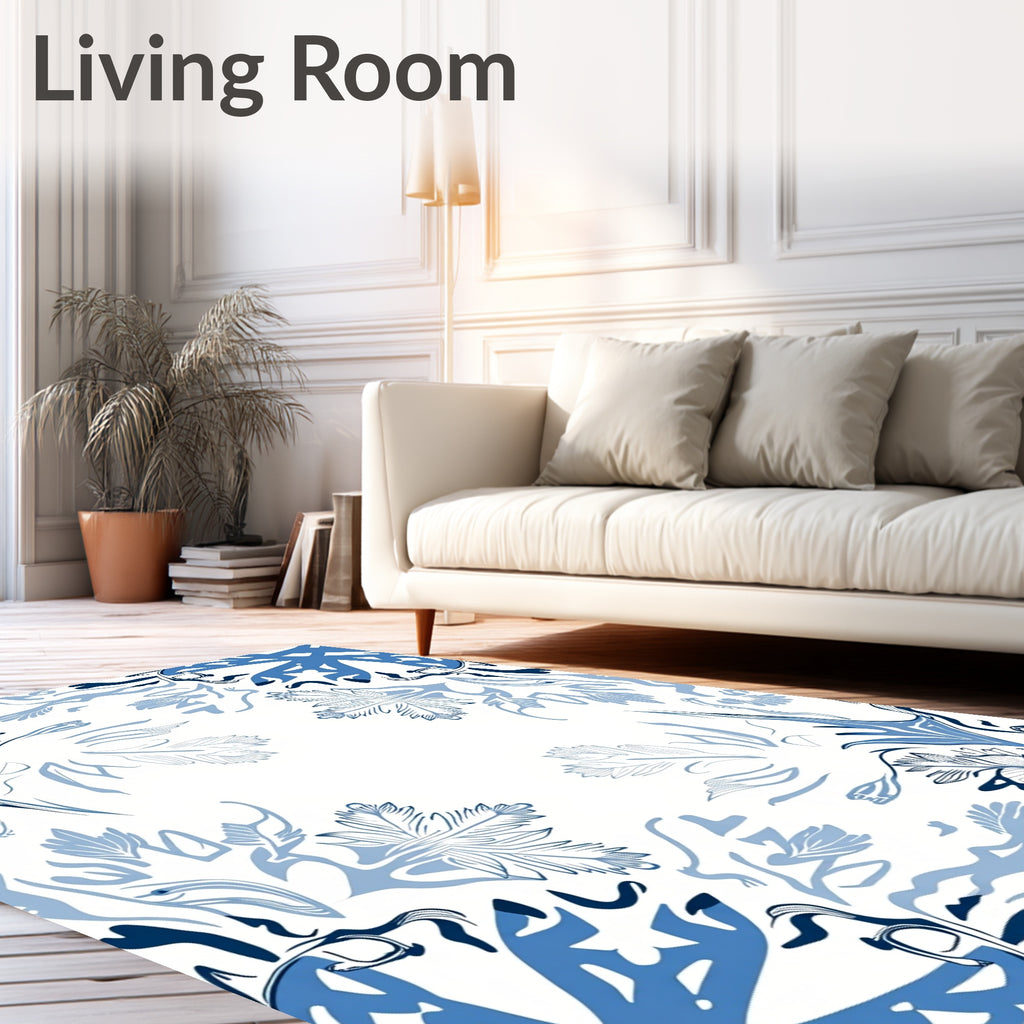 Blue Organic Leaf Pattern Rug