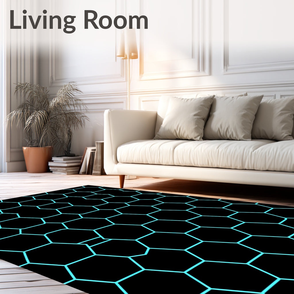 Bold Black Cyan Hexagonal Pattern Rug